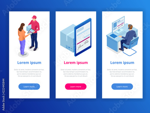 Tracking delivery by parcel, delivery service concept. Woman accepting a delivery of boxes from deliveryman. Isometric vector illustration.