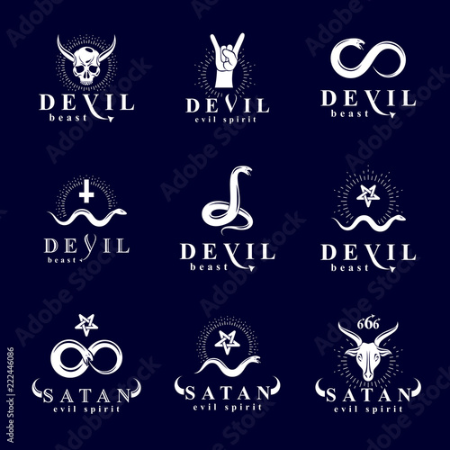 Set of vector demonic infernal mystic logotypes created using poisonous snakes, horned wicked dead head symbols, pagan pentacles and goats with 666 numbers as illustration of Lucifer.
