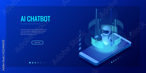 Isometric Artificial Intelligence. Chatbot and future marketing. AI and business IOT concept. Dialog help service. Vector illustration.