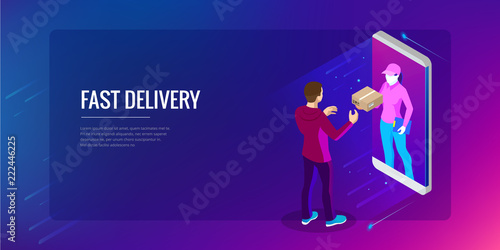 Isometric Fast Delivery Service, Online Delivery, Online Shopping, Finance Instrument web banner concept. Modern vector illustration foe website or lending