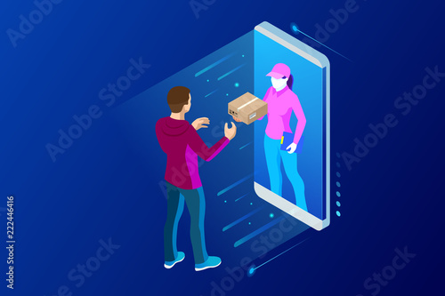 Isometric Fast Delivery Service, Online Delivery, Online Shopping, Finance Instrument web banner concept. Modern vector illustration foe website or lending