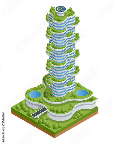Isometric flat Modern ecologic skyscraper with many trees on every balcony. Ecology and green living in city, urban environment concept.