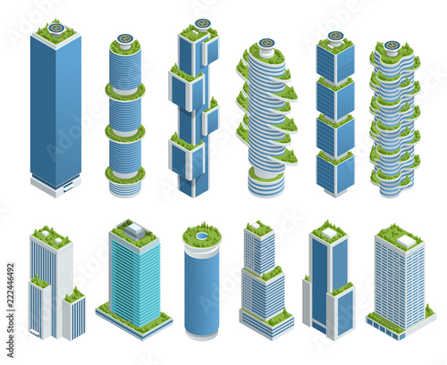 Isometric set of Modern Ecologic Skyscraper with many trees on every balcony. Ecology and green living in city, urban environment concept.