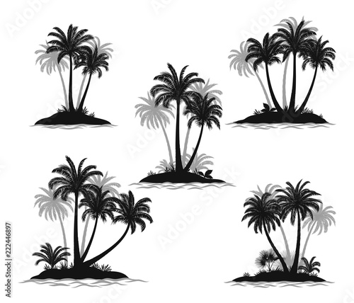 Set Exotic Landscapes  Sea Islands with Palm Trees  Tropical Plants and Grass Black Silhouettes Isolated on White Background. Vector