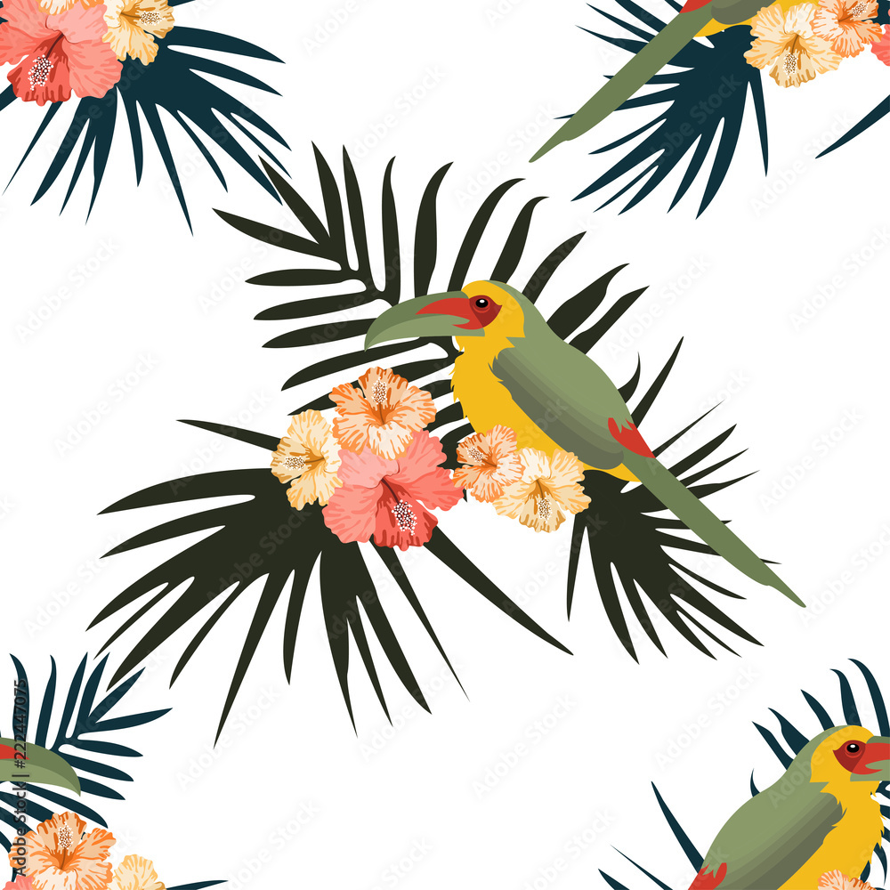 Obraz premium Tropical seamless pattern with colorful toucans and flowers.Summer vector graphic background.Textile texture