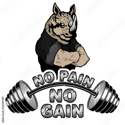 Vector illustration barbell and strong rhinoceros. "No pain - no gain" inspirational lettering.