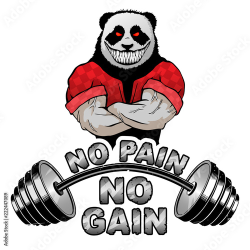 Vector illustration barbell and strong panda. "No pain - no gain" inspirational lettering.