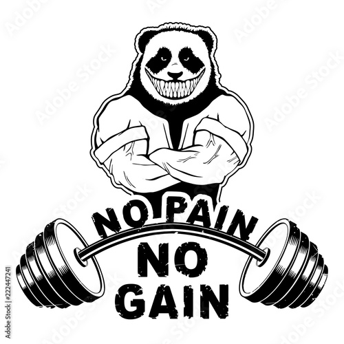 Vector illustration barbell and strong panda. "No pain - no gain" inspirational lettering.