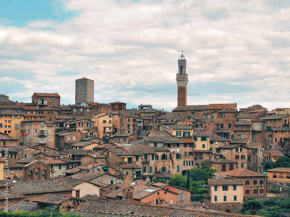 Panorama of the medieval city of Siena in Tuscany, here you can see the towers of cathedrals and roofs