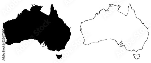 Simple (only sharp corners) map of Australia vector drawing. Mercator projection. Filled and outline version.
