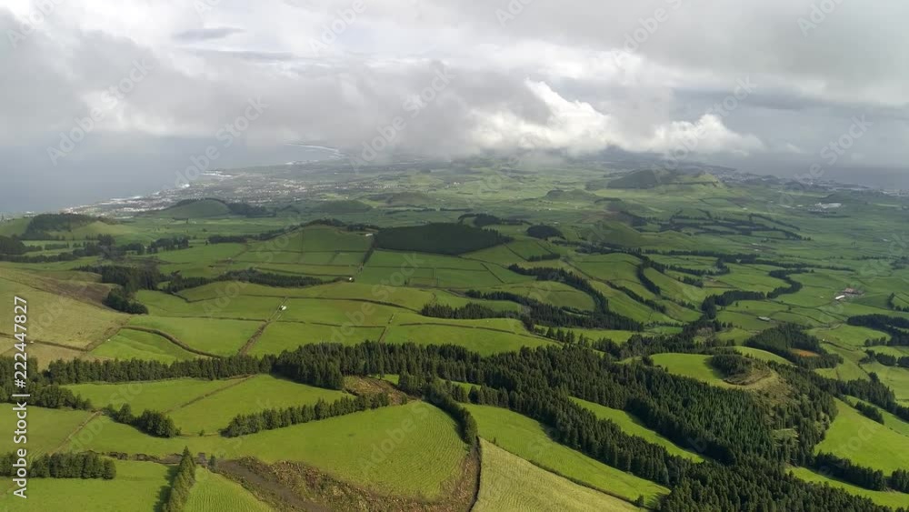 Landscape with forest and green fields of San Miguel Island, Azores, Portugal. Aerial view. 4K, UHD Landscape with forest and green fields of San Miguel Island, Azores, Portugal. Aerial view. 4K, UHD