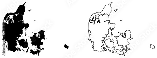 Simple (only sharp corners) map of Denmark (Danmark) vector drawing. Mercator projection. Filled and outline version. photo