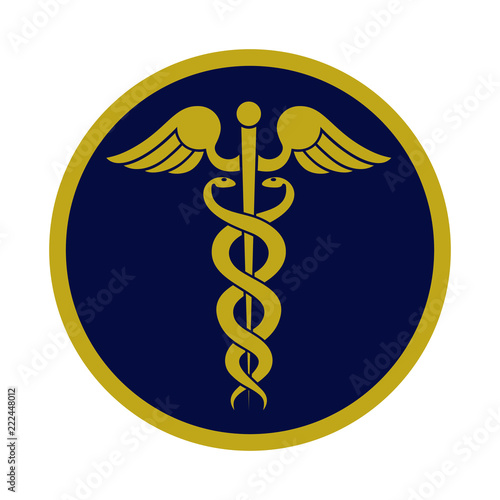 Modern sign of the caduceus. Symbol of medicine. The wand of Hermes with wings and two crossed snakes. Icon isolated on a white background. Vector illustration