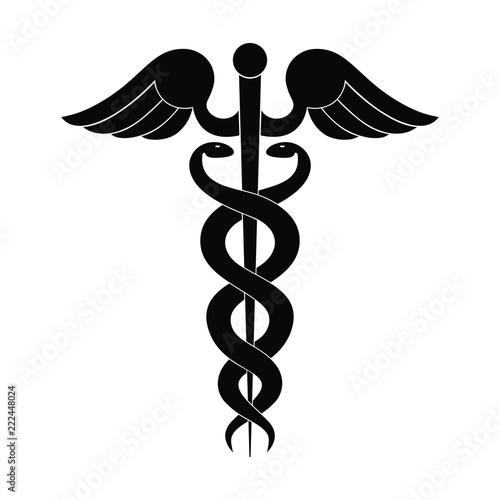 Modern sign of the caduceus. Symbol of medicine. The wand of Hermes with wings and two crossed snakes. Icon isolated on a white background. Vector illustration