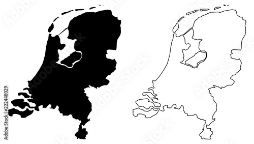 Simple (only sharp corners) map of Netherlands vector drawing. Mercator projection. Filled and outline version.