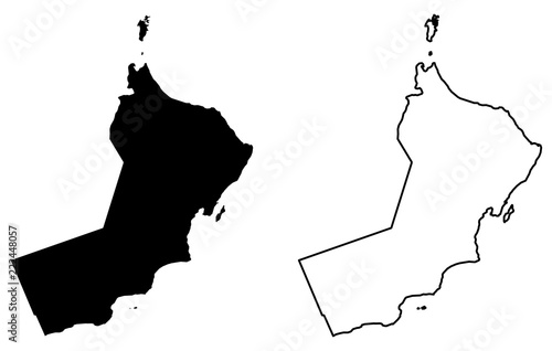 Simple (only sharp corners) map of Sultanate of Oman vector drawing. Mercator projection. Filled and outline version.