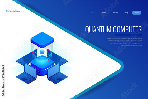 Isometric Quantum computing or Supercomputing. A quantum computer is a device that performs quantum computing. Vector illustration