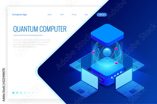 Isometric Quantum computing or Supercomputing. A quantum computer is a device that performs quantum computing. Vector illustration