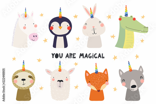 Set of cute funny animals with unicorn horns, quote You are magical. Isolated objects on white background. Hand drawn vector illustration. Scandinavian style flat design. Concept for children print.