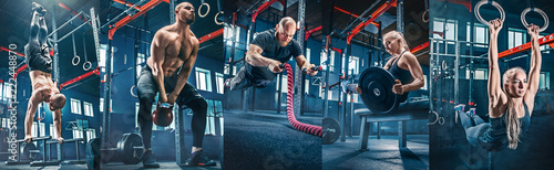 Collage about men with battle rope and woman in the fitness gym. The gym, sport, rope, training, athlete, workout, exercises concept