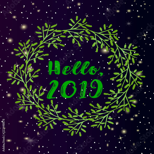 Beautiful Christmas card - hello  2019 year. Christmas wreath on snow gradient background. A magical winter night