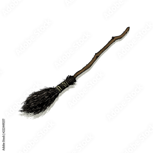 Broom for flying isolated on a white background, traditional Halloween symbol. Happy Halloween. Hand drawn vector illustration.