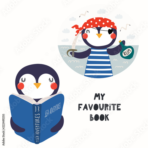 Hand drawn vector illustration of a cute funny penguin reading a book, with quote My favourite book. Isolated objects on white background. Scandinavian style flat design. Concept for children print.