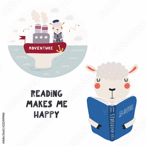 Hand drawn vector illustration of a cute funny sheep reading a book, with quote Reading makes me happy. Isolated objects on white background. Scandinavian style flat design. Concept for children print