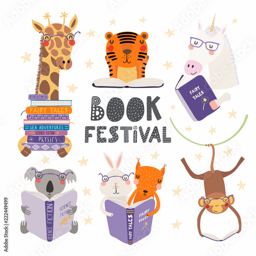 Set of cute funny animals with books, koala, tiger, unicorn, giraffe, monkey, squirrel, bunny. Isolated objects on white. Hand drawn vector illustration. Scandinavian flat design. Concept kids print