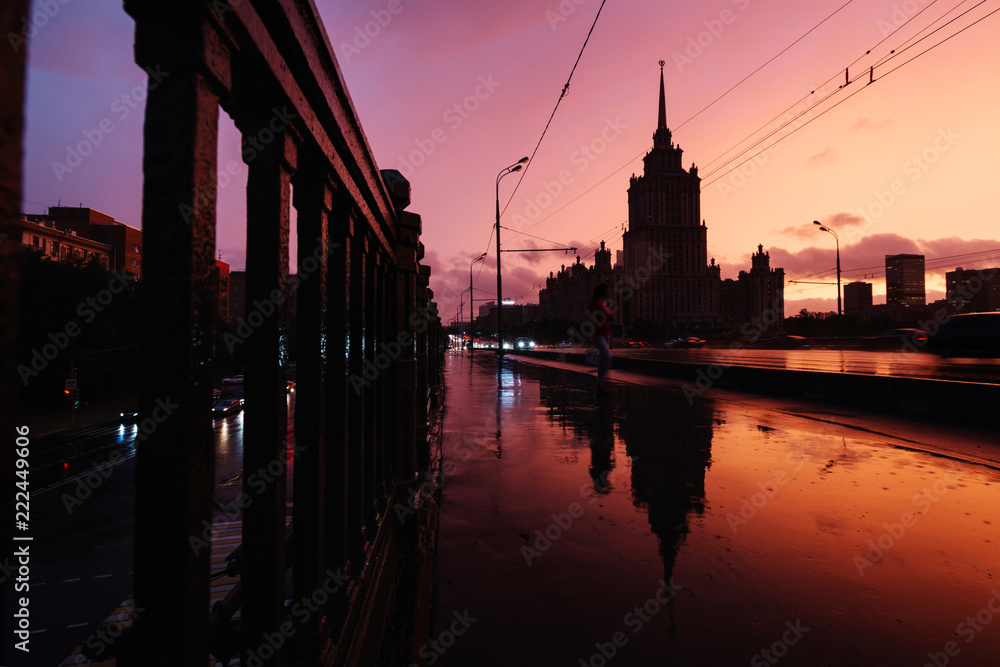 Beautiful view of the architecture of Moscow. High-rise building at sunset after rain. Moscow, hotel Ukraine, Radisson.