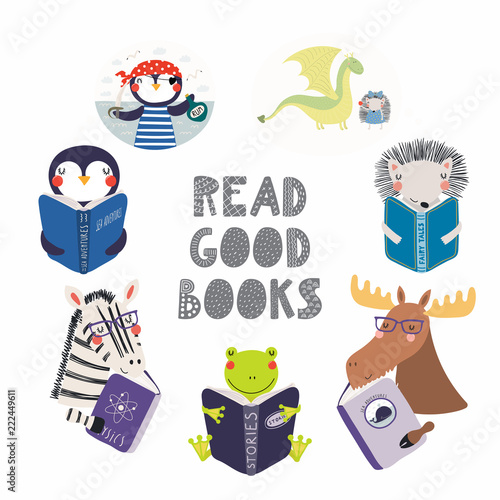 Set of cute funny animals with books, zebra, penguin, frog, moose, hedgehog. Isolated objects on white background. Hand drawn vector illustration. Scandinavian style flat design. Concept kids print.