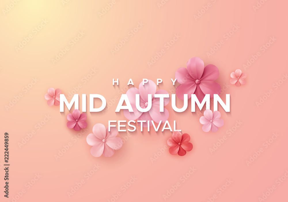 Chinese mid autumn festival banner design. Vector illustration of paper cut style flowers. Abstract asian holiday background