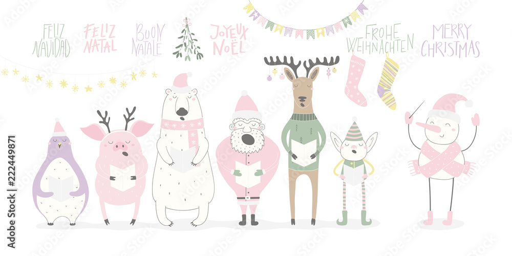 Fototapeta premium Hand drawn vector illustration of a funny singing Santa, elf, animals, with quote Merry Christmas in different languages. Isolated objects on white background. Flat style design. Concept card, invite.
