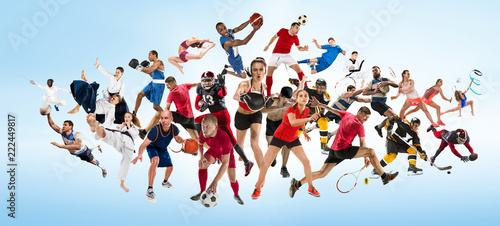 Attack. Sport collage about kickboxing  soccer  american football  basketball  ice hockey  badminton  taekwondo  aikido  tennis  rugby players and gymnast isolated on blue background with copy space