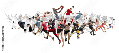 Fototapeta Naklejka Na Ścianę i Meble -  Attack. Sport collage about kickboxing, soccer, american football, basketball, ice hockey, badminton, taekwondo, aikido, tennis, rugby players and gymnast isolated on blue background with copy space