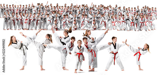 The collage about group of kids training karate martial arts and posing on white backlground. The attack, sport, taekwondo, children activity concept