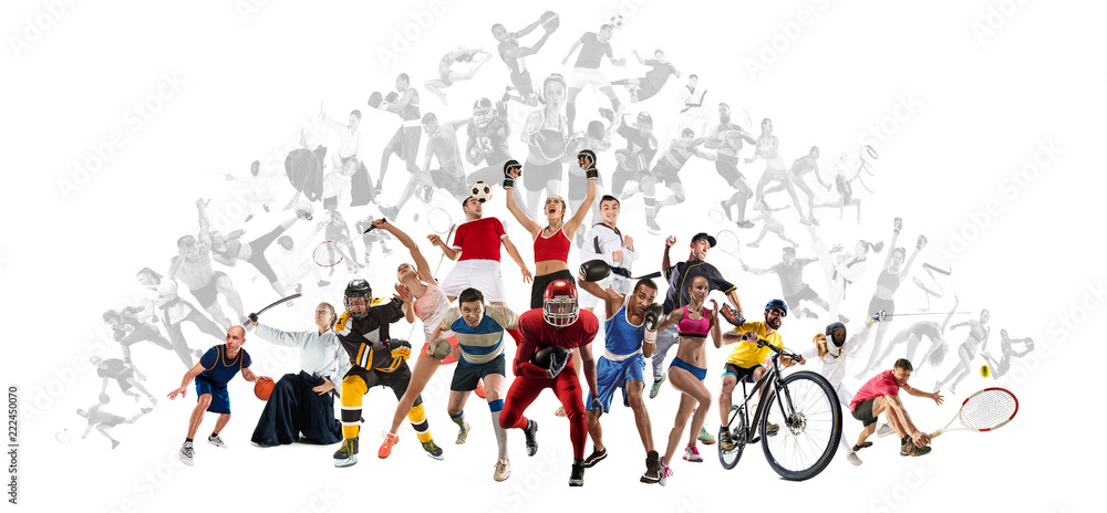 Attack. Sport collage about kickboxing, soccer, american football, basketball, ice hockey, badminton, taekwondo, aikido, tennis, rugby players and gymnast isolated on blue background with copy space