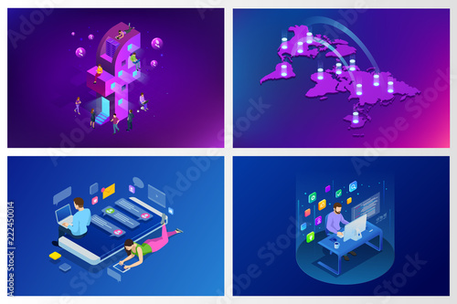 Isometric social media or social network concept. Internet marketing, like and message icons, chatting. People using a smart phone, tablet and laptop for working or playing social network, website