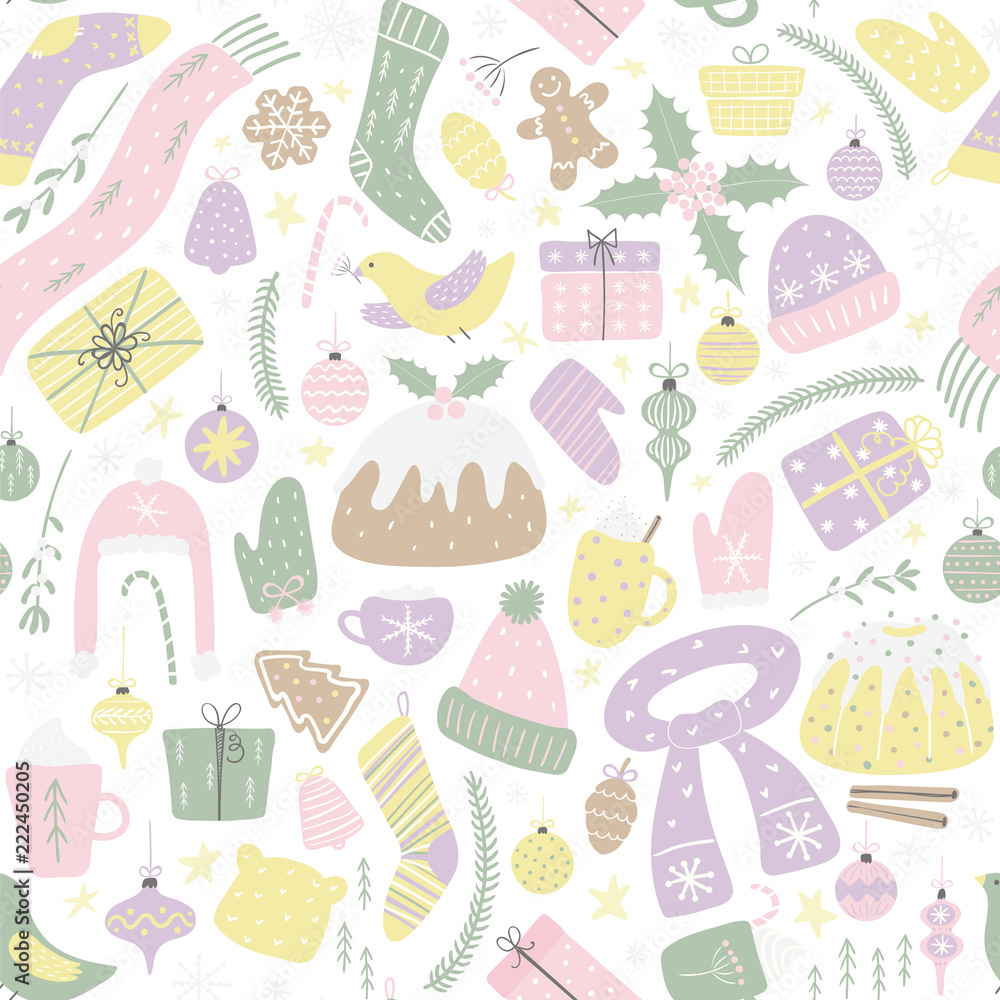 Seamless repeat pattern with different Christmassy elements, on a white background. Hand drawn vector illustration. Flat style design. Concept for Christmas textile print, wallpaper, wrapping paper.
