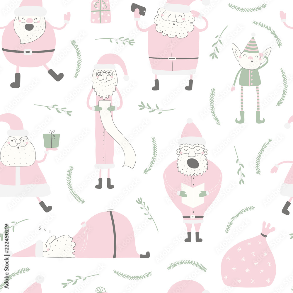 Seamless repeat pattern with different Santa Clauses, elf, on a white background. Hand drawn vector illustration. Flat style design. Concept for Christmas textile print, wallpaper, wrapping paper.