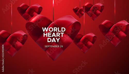 World Heart Day Background. Realistic satin ribbon woven heart with World Heart Day label. Vector illustration. Medical awareness day concept