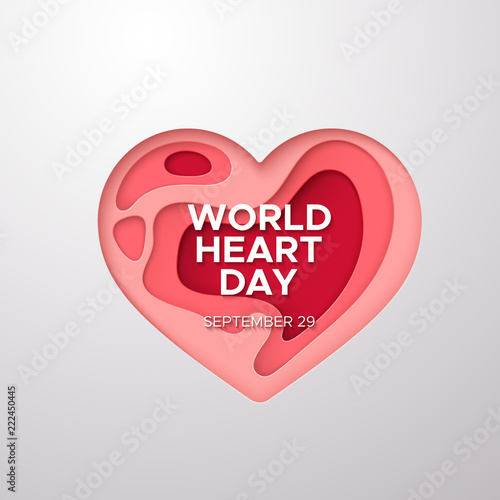 World Heart Day Background. Layered paper cut relief with World Heart Day label. Vector health care illustration. Medical awareness day concept