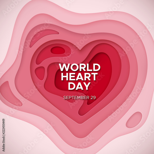 World Heart Day Background. Layered paper cut relief with World Heart Day label. Vector illustration. Medical awareness day concept