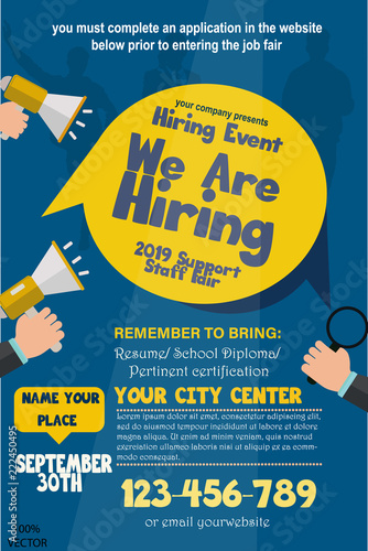 We are Hiring Poster or Banner Design. Job Vacancy Advertisement Concept on dark blue background with speakers, hands and yellow label. Vector illustration EPS 10. Hiring poster template design.