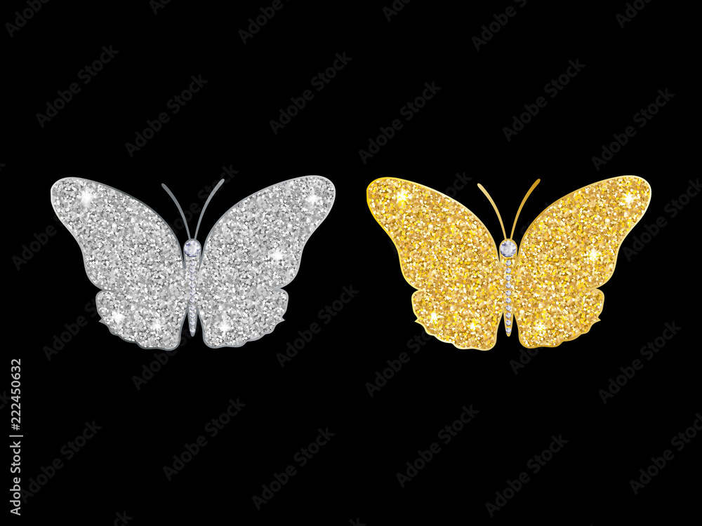 set of shining butterflies of gold and silver glitter. Icon