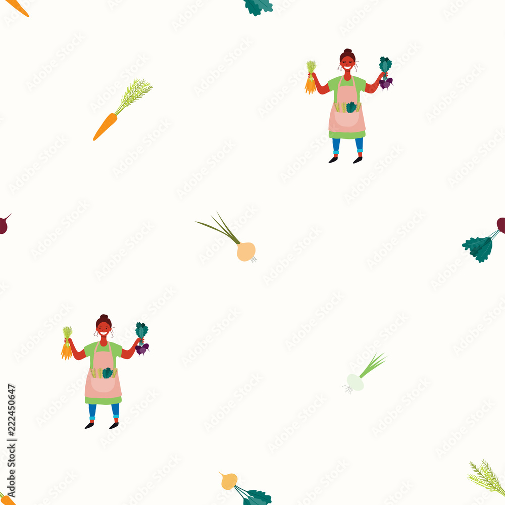 Seamless repeat pattern with cute beautiful woman picking beets and carrots. Hand drawn vector illustration. Flat style design. Concept for autumn harvest, textile print, wallpaper, wrapping paper.