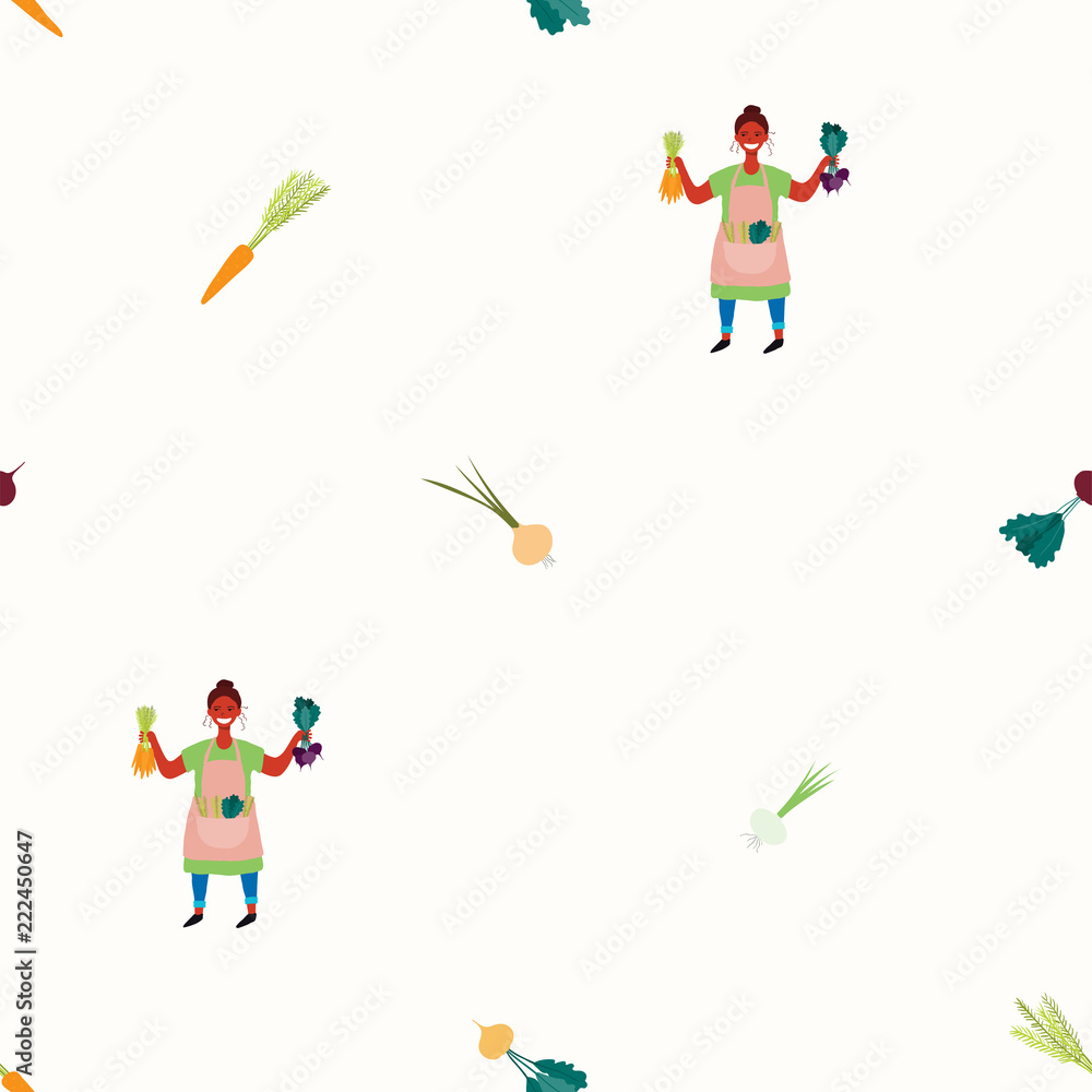 Seamless repeat pattern with cute beautiful woman picking beets and carrots. Hand drawn vector illustration. Flat style design. Concept for autumn harvest, textile print, wallpaper, wrapping paper. Seamless repeat pattern with cute beautiful woman picking beets and carrots. Hand drawn vector illustration. Flat style design. Concept for autumn harvest, textile print, wallpaper, wrapping paper.