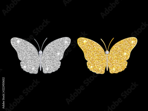 set of shining butterflies of gold and silver glitter. Icon. Vector illustration.