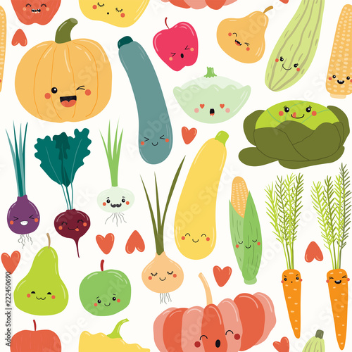 Seamless repeat pattern with cute funny fruits and vegetables with kawaii faces. Hand drawn vector illustration. Flat style design. Concept for autumn harvest, textile print, wallpaper, wrapping paper