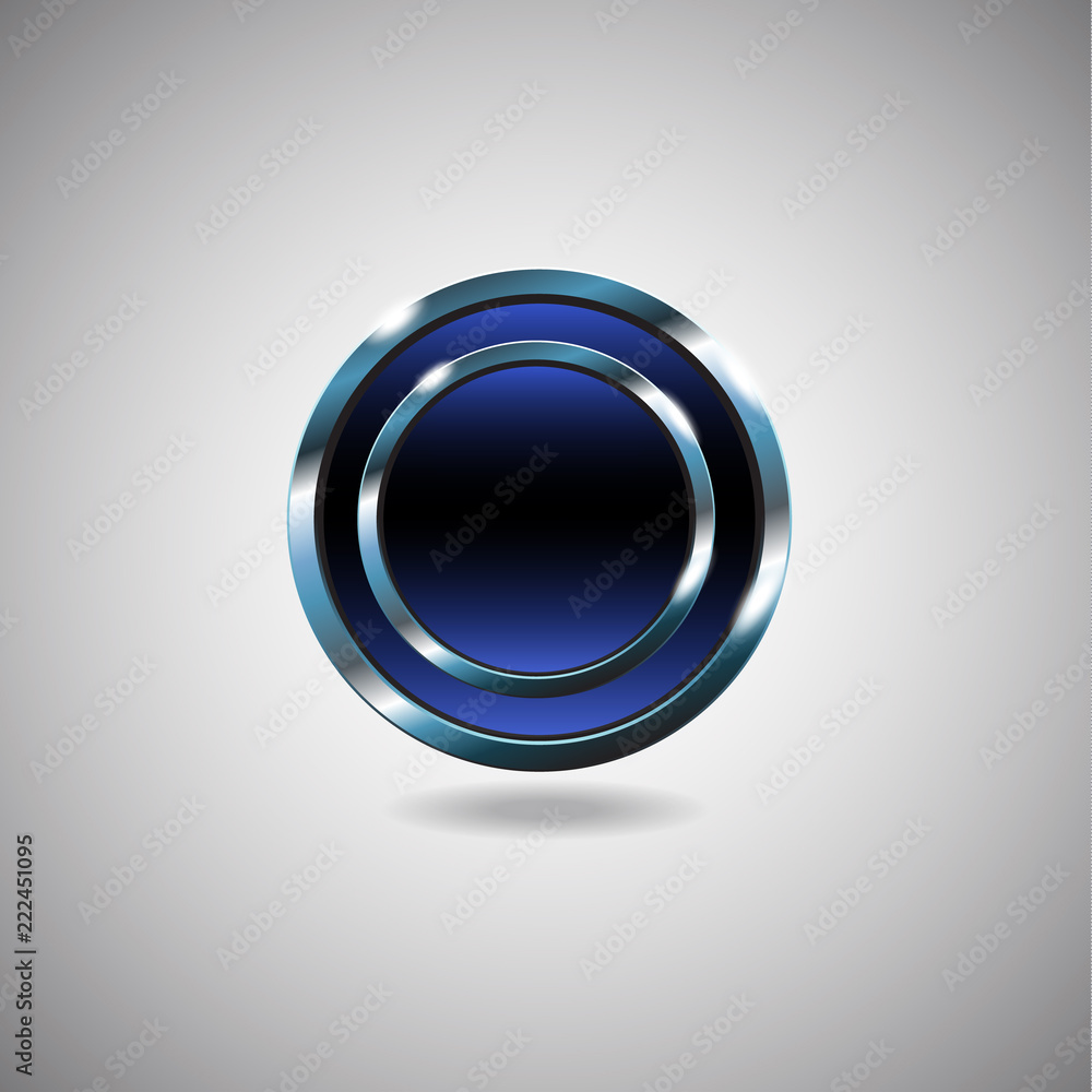 Abstract circle badge, blank button template with metal texture (chrome, silver, steel), realistic shadow and light background. Vector illustration. Abstract circle badge, blank button template with metal texture (chrome, silver, steel), realistic shadow and light background. Vector illustration.